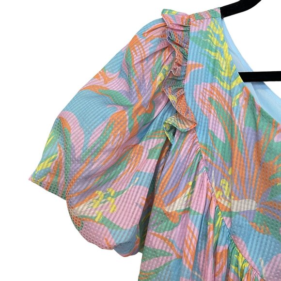 Alden Adair $328 Boho Mini Dress Puff Sleeve Asymmetric Neck Shift Chandler XS - Picture 4 of 9